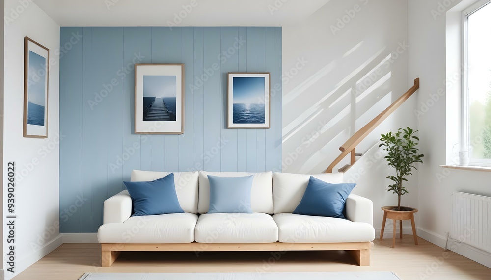 Interior mockup In a white room a blue sofa is placed next to a photo frame on the wall Interior mockup In a white room a blue sofa is placed next to a photo frame on the wall