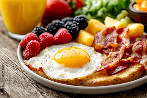 A delicious breakfast plate with eggs, bacon, fruits, and juice.