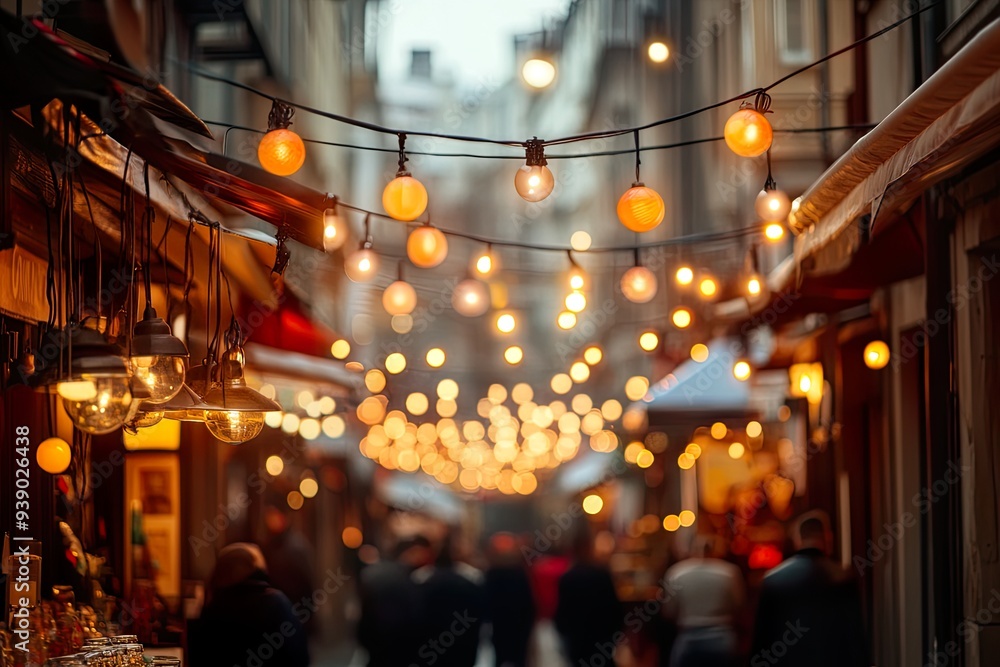 A charming street adorned with glowing lights, creating a cozy atmosphere. A charming street adorned with glowing lights, creating a cozy atmosphere.