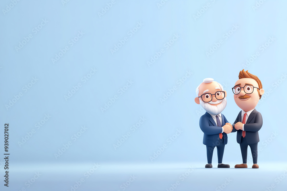 Two cartoon men in suits shaking hands against a light blue background, representing friendship and partnership in business. Two cartoon men in suits shaking hands against a light blue background, representing friendship and partnership in business.