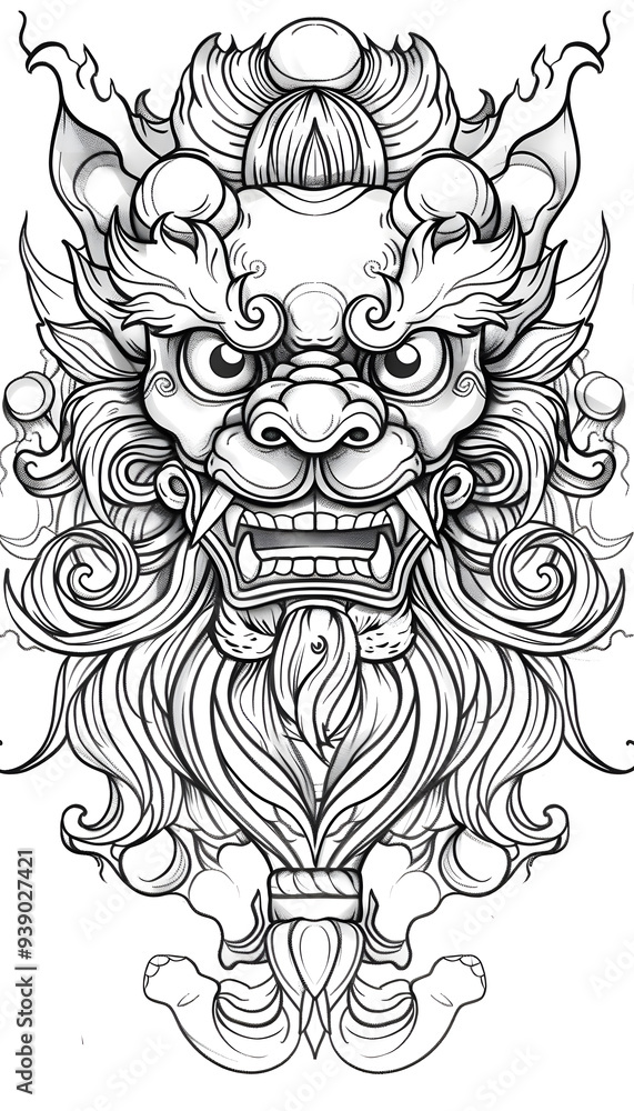 Shishi Lion Mask black and white illustration Shishi Lion Mask black and white illustration
