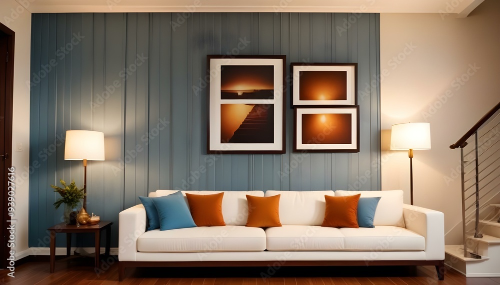 Interior mockup In a white room a blue sofa is placed next to a photo frame on the wall Interior mockup In a white room a blue sofa is placed next to a photo frame on the wall