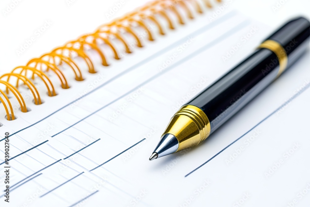 A pen resting on a lined notebook with a spiral binding. A pen resting on a lined notebook with a spiral binding.