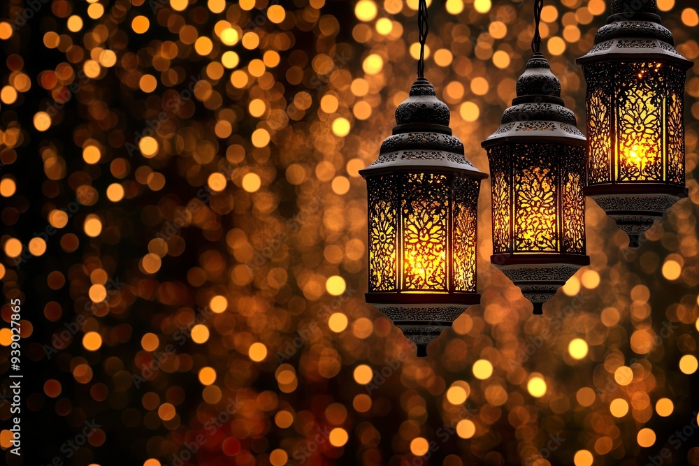 Ornate lanterns glowing against a bokeh background. Ornate lanterns glowing against a bokeh background.