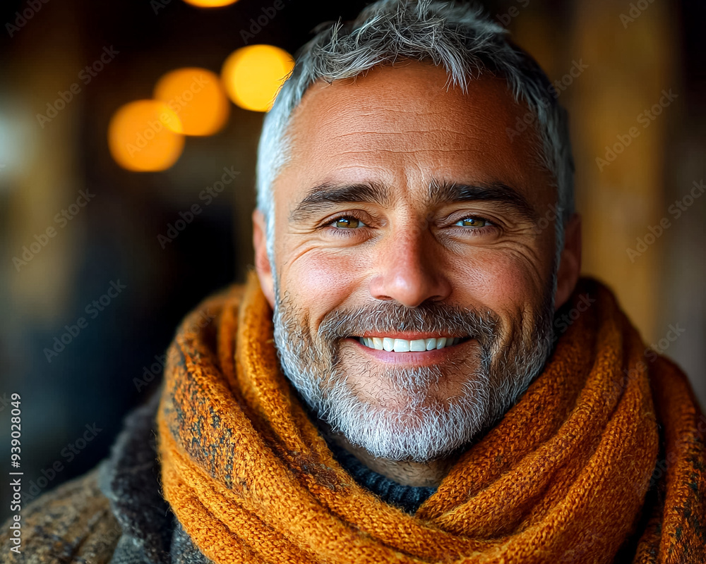 A man with a beard and gray hair is smiling and wearing a scarf A man with a beard and gray hair is smiling and wearing a scarf