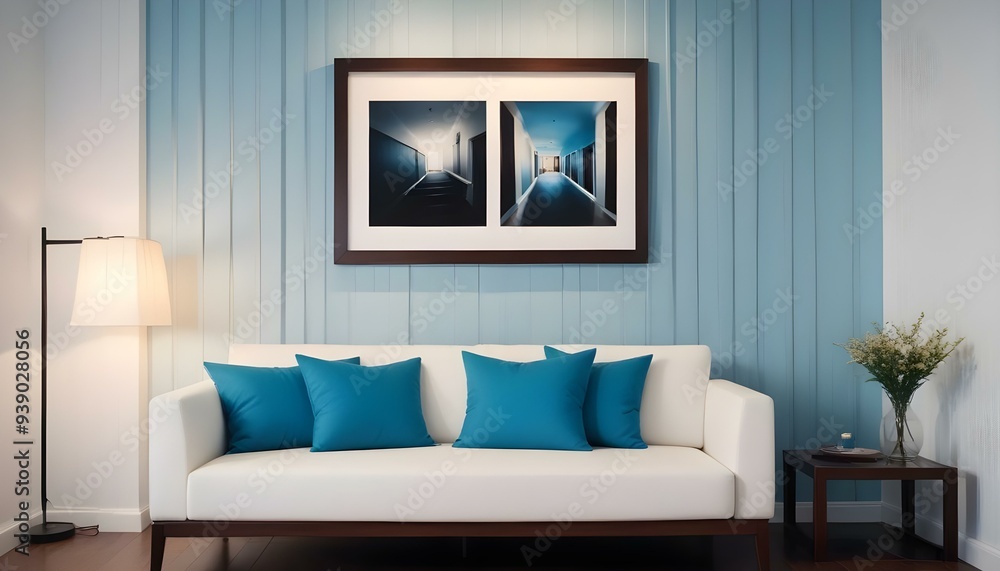 Interior mockup In a white room a blue sofa is placed next to a photo frame on the wall Interior mockup In a white room a blue sofa is placed next to a photo frame on the wall