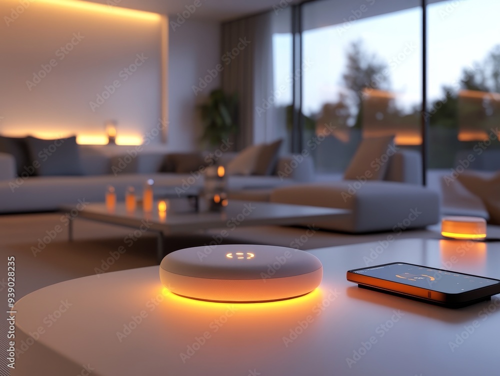 Modern living room with smart device, soft lighting, and ambiance. Perfect for showcasing technology in home interiors. Modern living room with smart device, soft lighting, and ambiance. Perfect for showcasing technology in home interiors.