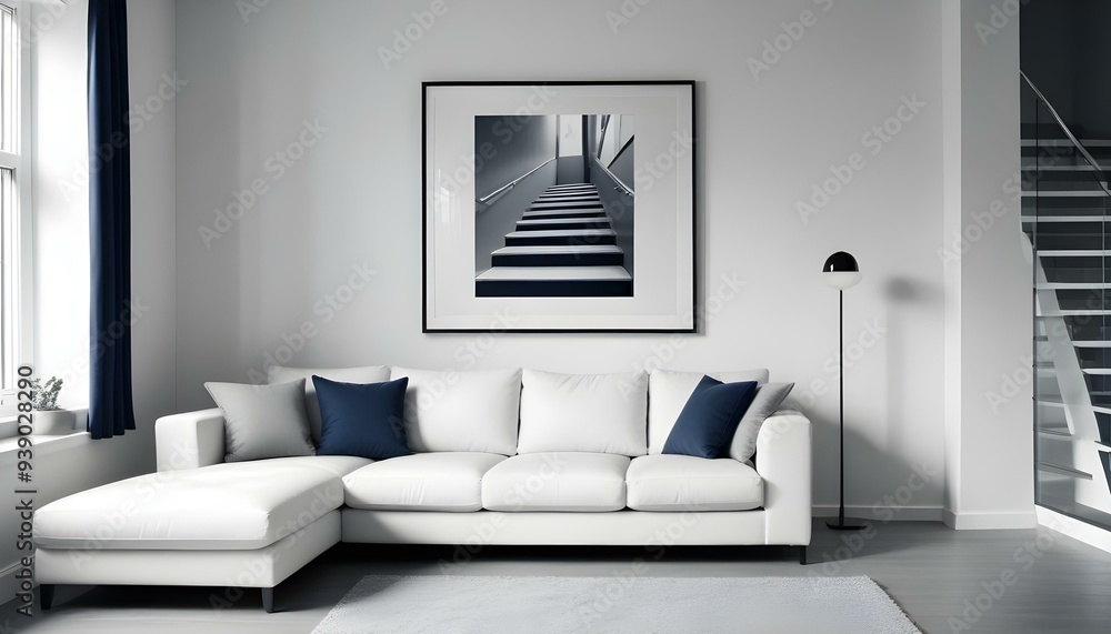 Interior mockup In a white room a blue sofa is placed next to a photo frame on the wall Interior mockup In a white room a blue sofa is placed next to a photo frame on the wall