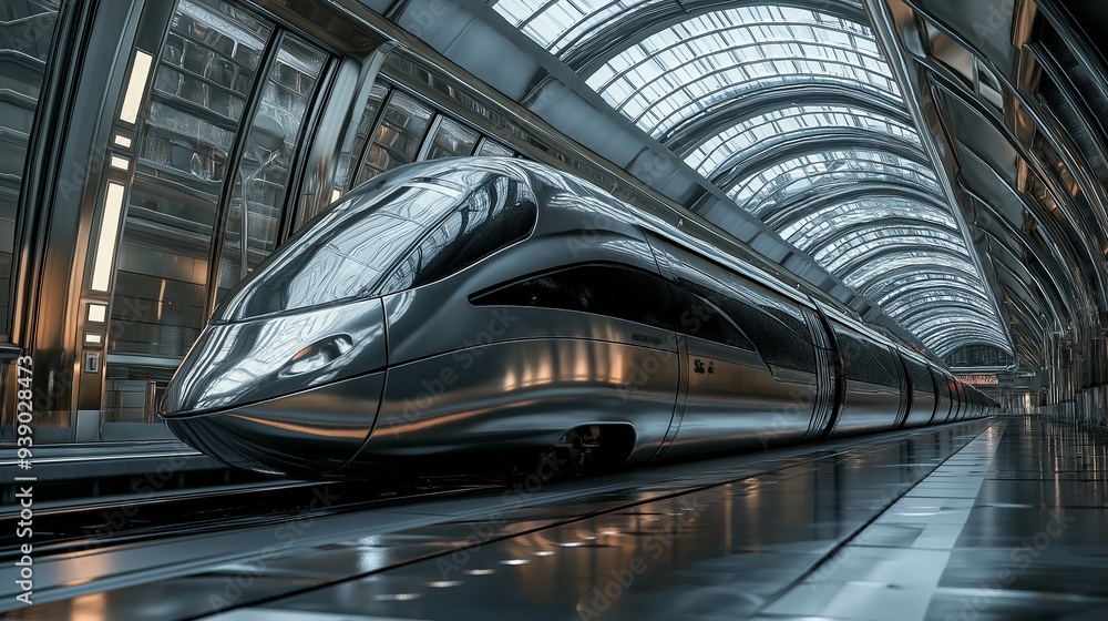 A sleek, aerodynamic train with chrome accents and smooth curves, parked in an Art Deco-inspired station. A sleek, aerodynamic train with chrome accents and smooth curves, parked in an Art Deco-inspired station.