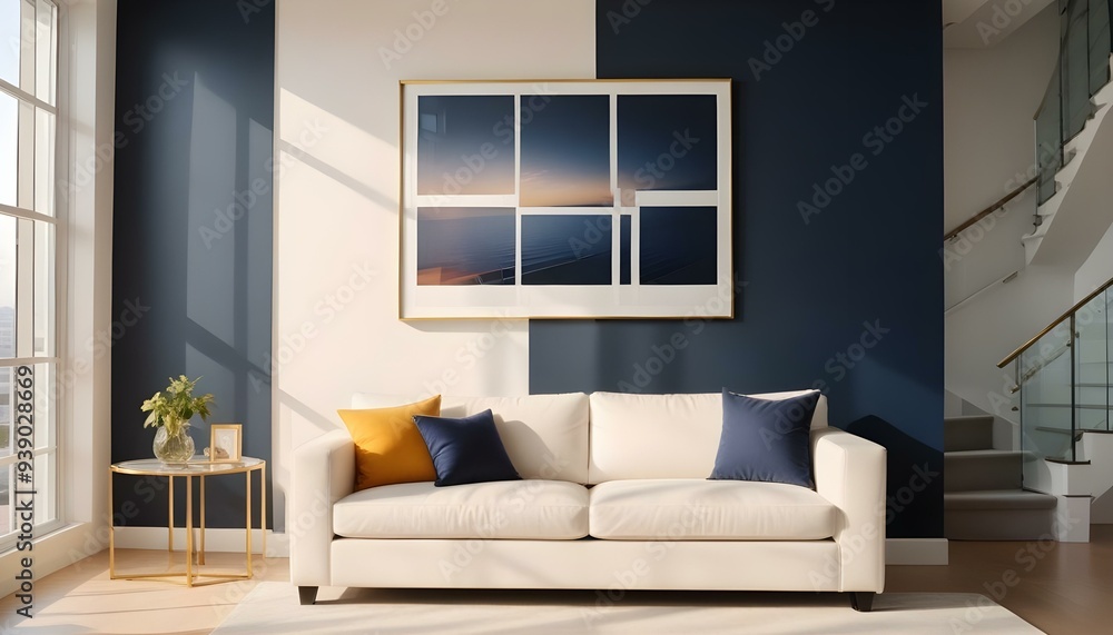 Interior mockup In a white room a blue sofa is placed next to a photo frame on the wall Interior mockup In a white room a blue sofa is placed next to a photo frame on the wall