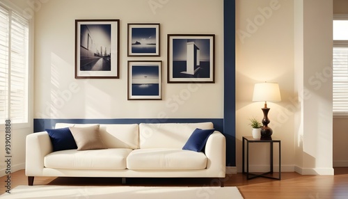 Interior mockup In a white room a blue sofa is placed next to a photo frame on the wall