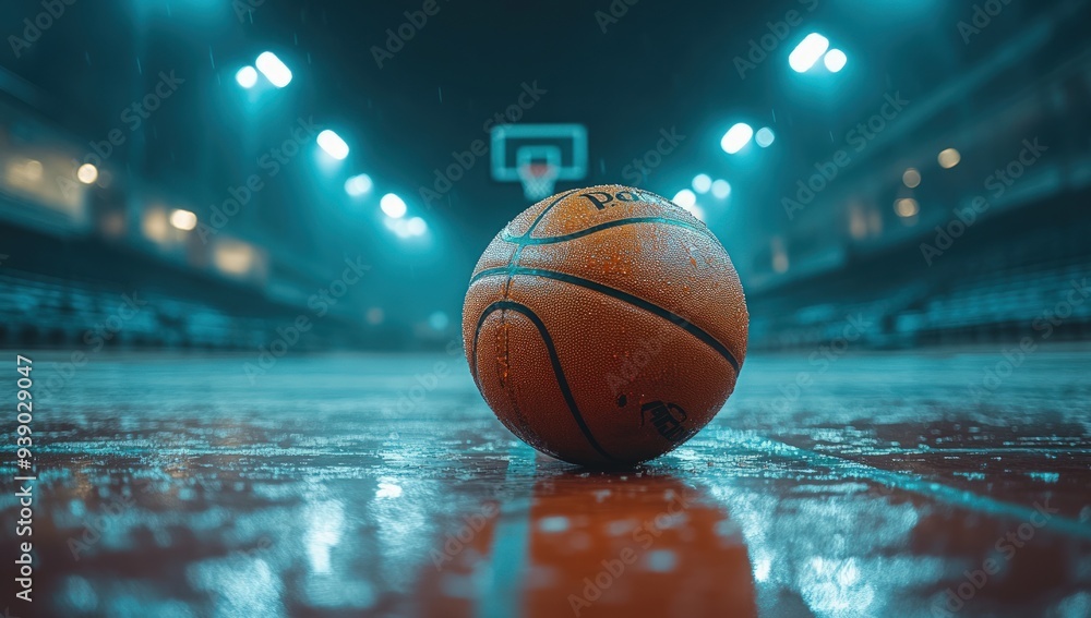 A basketball rests on a wet court under the lights of a stadium on a rainy night. A basketball rests on a wet court under the lights of a stadium on a rainy night.