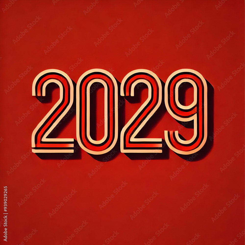 The bold number '2029' in 3D with a modern design, prominently displayed on a red background, blending festive typography with a clean, contemporary style for New Year celebrations. The bold number '2029' in 3D with a modern design, prominently displayed on a red background, blending festive typography with a clean, contemporary style for New Year celebrations.