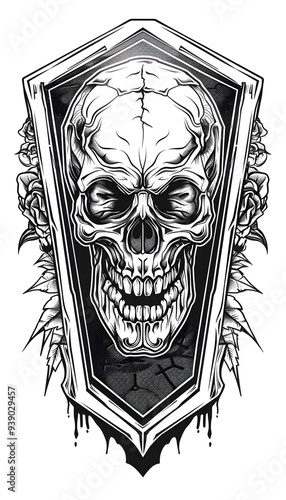 Skull and Coffin black and white illustration