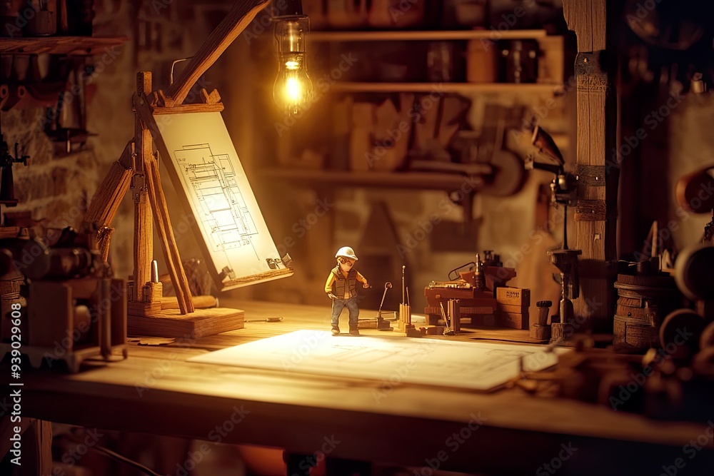 A miniature workshop scene with a figure working on blueprints. A miniature workshop scene with a figure working on blueprints.