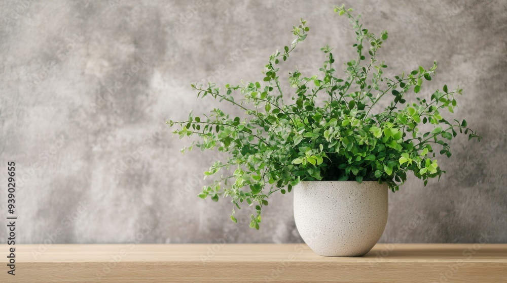 A small potted plant with green leaves sits on a wooden shelf in front of a gray concrete wall. A small potted plant with green leaves sits on a wooden shelf in front of a gray concrete wall.
