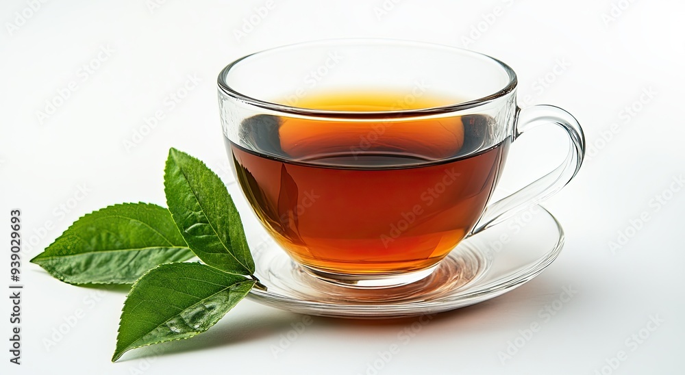 A clear glass cup filled with black tea on a saucer, accompanied by fresh green tea leaves, set against a white background.
A clear glass cup filled with black tea on a saucer, accompanied by fresh green tea leaves, set against a white background.