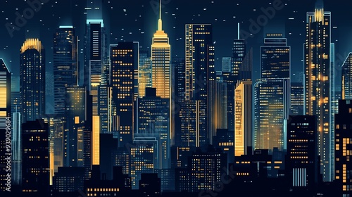 Wallpaper Mural A nighttime cityscape featuring towering skyscrapers with illuminated Art Deco details Torontodigital.ca