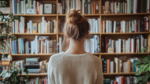 A young woman organizing her bookshelf, arranging books and decor with a sense of style and order.