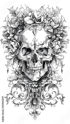 Skull and Filigree Design black and white illustration