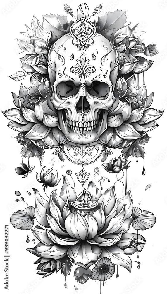Skull and Lotus black and white illustration Skull and Lotus black and white illustration