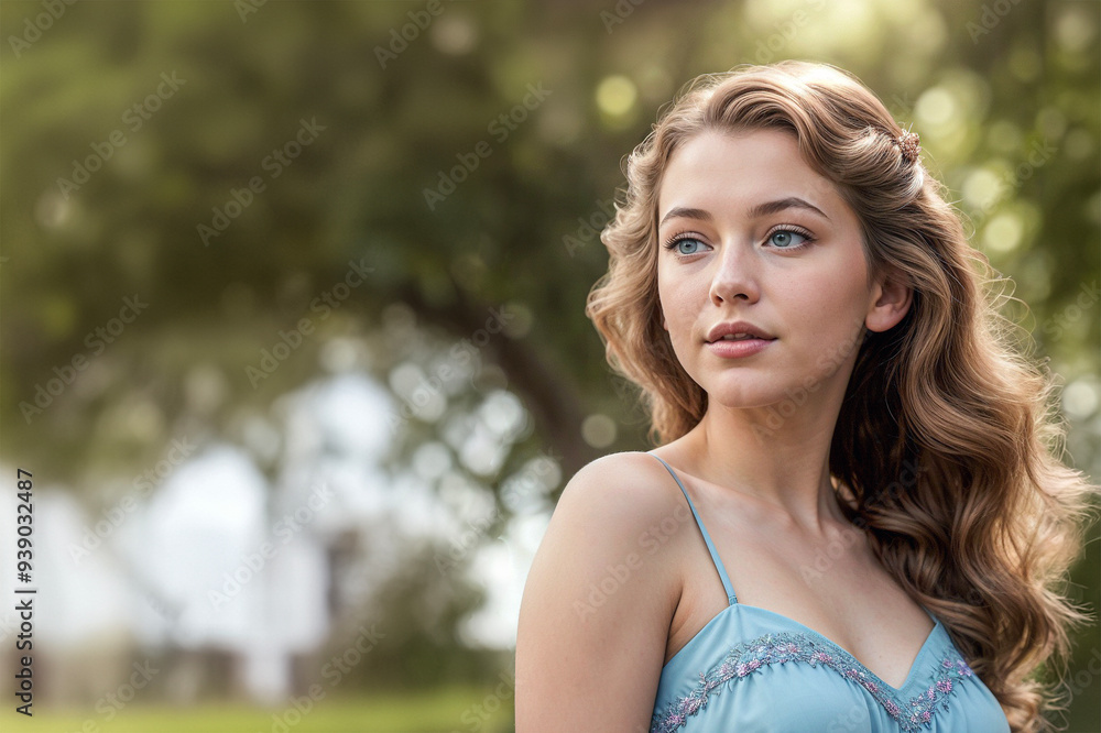 Young woman wearing a summer dress outside with copy space Young woman wearing a summer dress outside with copy space