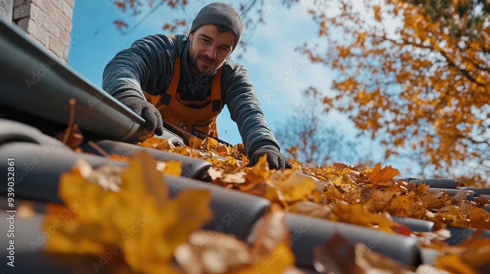 A man is up on the roof, sweeping leaves to prevent clogs and ensure proper drainage. A man is up on the roof, sweeping leaves to prevent clogs and ensure proper drainage.