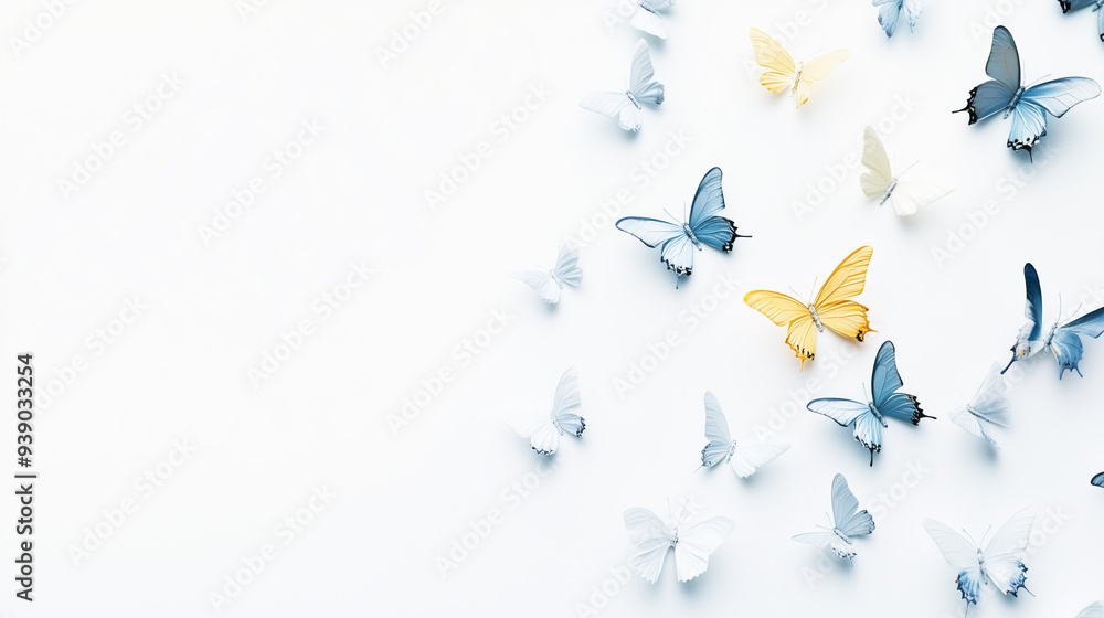 Unique Butterfly Among Blue Butterflies on White Background Unique Butterfly Among Blue Butterflies on White Background