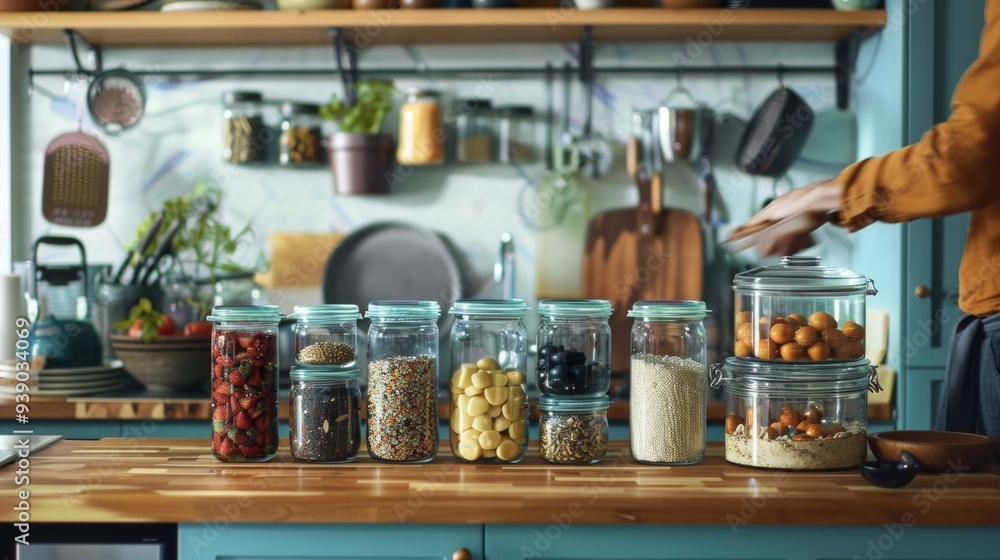 A Detailed Look at a Tidy Kitchen Counter With Organized Jars and Fresh Ingredients A Detailed Look at a Tidy Kitchen Counter With Organized Jars and Fresh Ingredients