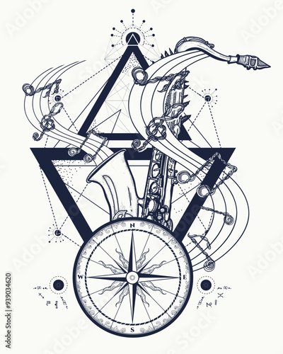 Music tattoo. Saxophone, compass and notes. Road for the heart. Esoteric musical symbol of freedom and creativity, dream, imagination, travel. T-shirt design concept