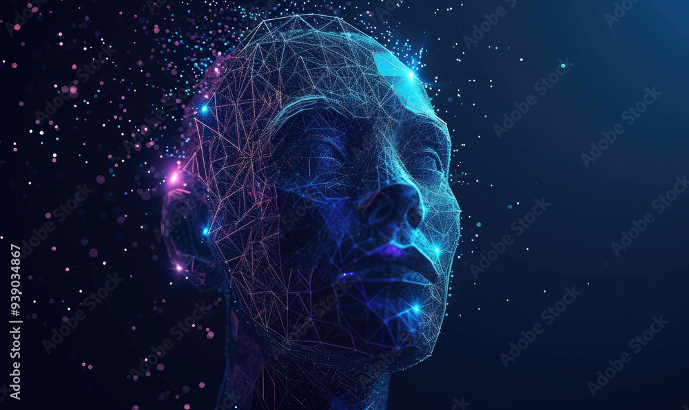 Human head created in low poly style. Man face polygon light. Emotional Intelligence allegory AI. Facial Recognition System concept. biometric scanning, 3D scanning Human head created in low poly style. Man face polygon light. Emotional Intelligence allegory AI. Facial Recognition System concept. biometric scanning, 3D scanning