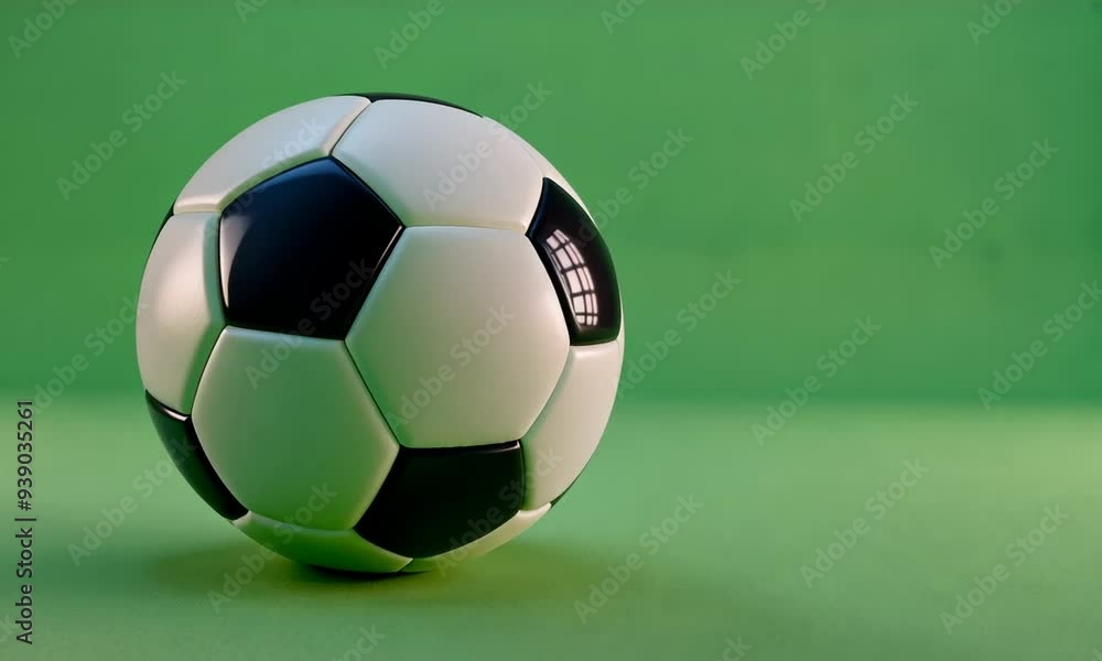 Close-up of a classic black and white soccer ball on a green background. Close-up of a classic black and white soccer ball on a green background.