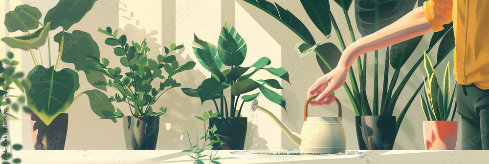 Plant Parenthood: A person carefully tending to their indoor plants, watering and pruning them, showing the nurturing aspect of home gardening. Plant Parenthood: A person carefully tending to their indoor plants, watering and pruning them, showing the nurturing aspect of home gardening.