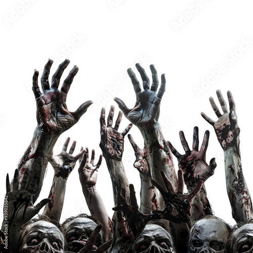 Zombie hands reaching up isolated on transparent background