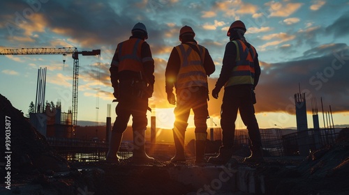 Sunset at the Construction Site: Three Workers in Safety Gear Overlooking a City Skyline as the Day Ends photo