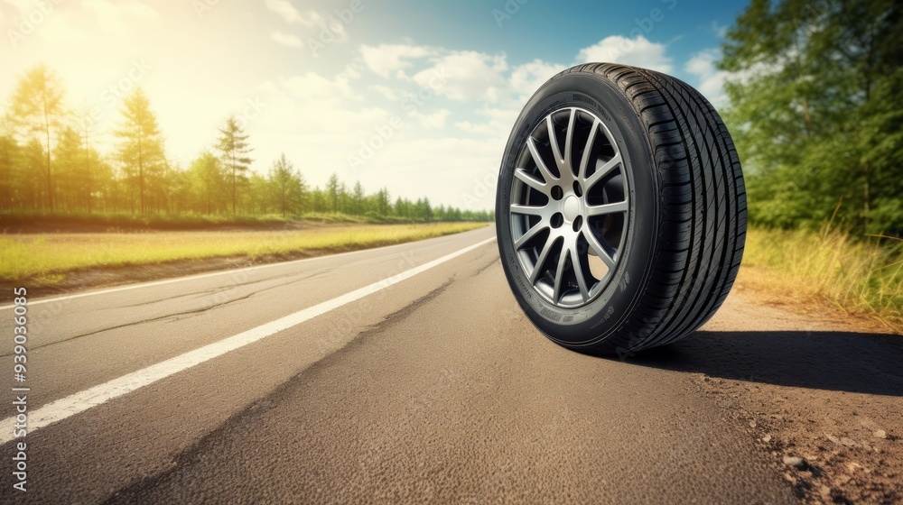 Separated tyre from wheel on asphalt road in autumn daytime outdoors. Neural network ai generated art Separated tyre from wheel on asphalt road in autumn daytime outdoors. Neural network ai generated art