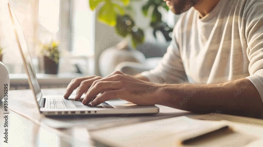 Focused Work in a Sunlit Home Office: A Close-Up of Hands Typing on a Laptop in a Calm, Plant-Filled Environment Focused Work in a Sunlit Home Office: A Close-Up of Hands Typing on a Laptop in a Calm, Plant-Filled Environment