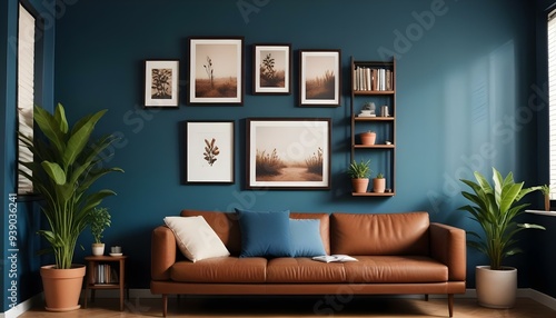 Interior mockup In a white room a blue sofa is placed next to a photo frame on the wall