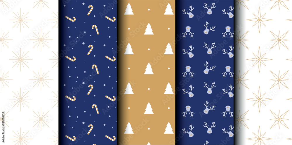 Obraz premium Set of Christmas vector seamless pattern. Merry Christmas and Happy New Year. Christmas symbols background. Vector gold and blue seamless illustration