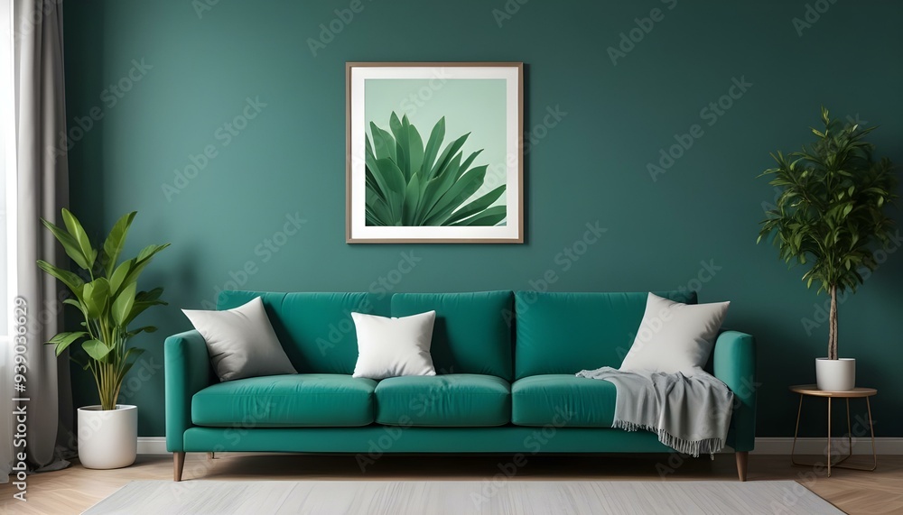 Interior mockup In a white room a blue sofa is placed next to a photo frame on the wall Interior mockup In a white room a blue sofa is placed next to a photo frame on the wall