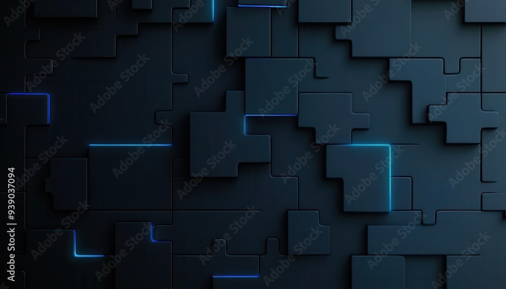 Abstract digital jigsaw, blue glowing lines, dark techthemed background Abstract digital jigsaw, blue glowing lines, dark techthemed background