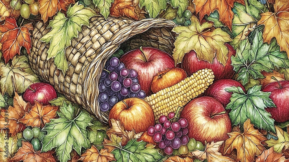 Fototapeta premium A vibrant and detailed image of a cornucopia (horn of plenty) overflowing with an assortment of mini fruits and vegetables. 