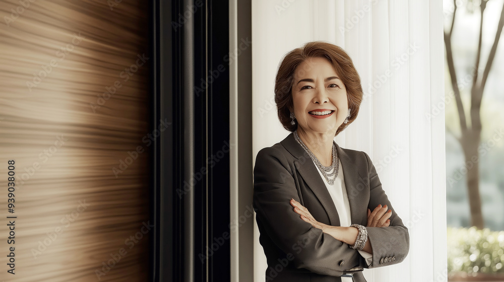 A woman dressed in business attire stands confidently with her arms crossed and smiles warmly. Behind her, a blurred view of trees and natural light filters through sheer curtains.AI generated. A woman dressed in business attire stands confidently with her arms crossed and smiles warmly. Behind her, a blurred view of trees and natural light filters through sheer curtains.AI generated.