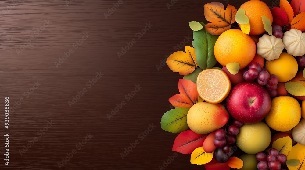 A colorful fruit arrangement on a wooden background. The fruits include apples, oranges, and grapes. The arrangement is vibrant and inviting, showcasing the freshness and natural beauty of the fruits A colorful fruit arrangement on a wooden background. The fruits include apples, oranges, and grapes. The arrangement is vibrant and inviting, showcasing the freshness and natural beauty of the fruits