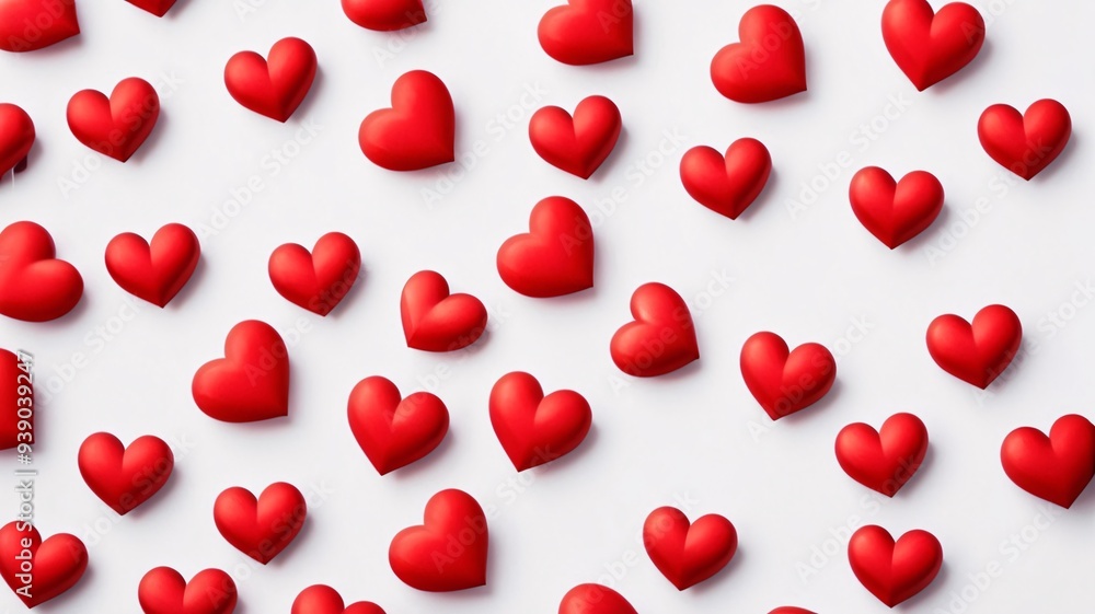 Scattered red heart-shaped objects on white background. Scattered red heart-shaped objects on white background.