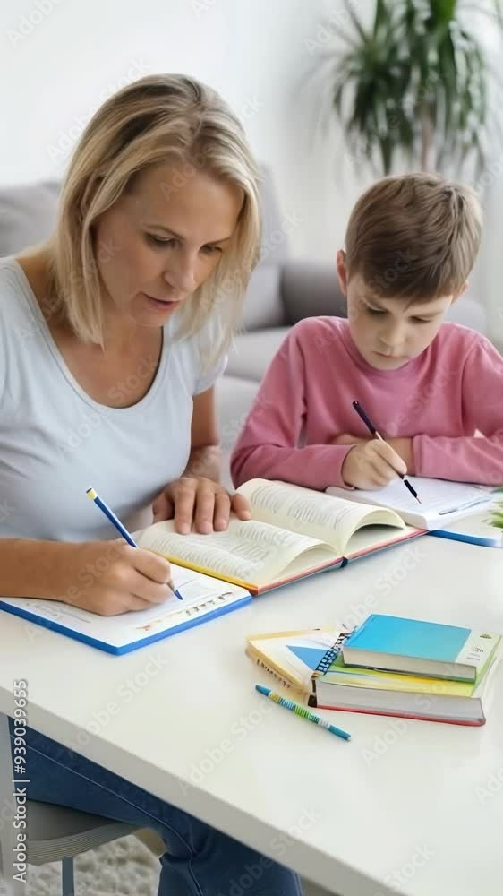 Mother assisting her children with their homework. Mother assisting her children with their homework.