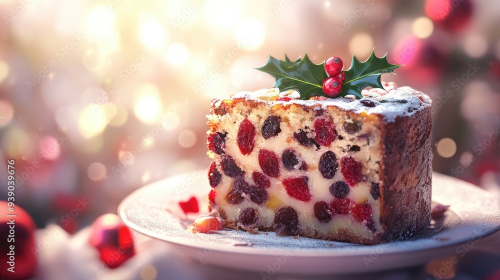 Christmas Cake Slice with Holly and Red Berries Christmas Cake Slice with Holly and Red Berries