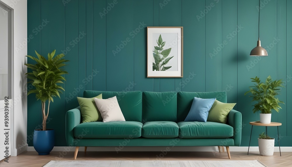 Interior mockup In a white room a blue sofa is placed next to a photo frame on the wall Interior mockup In a white room a blue sofa is placed next to a photo frame on the wall