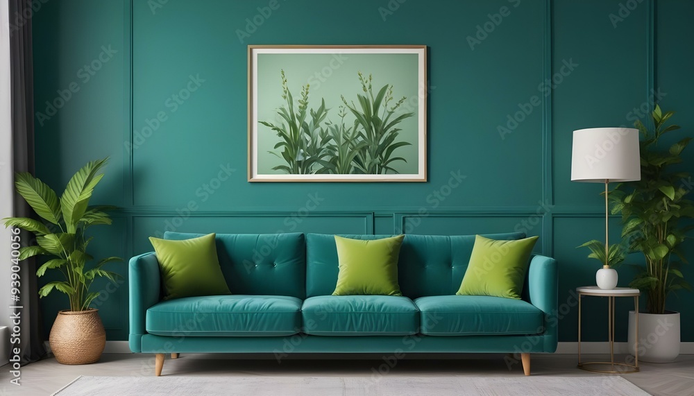 Interior mockup In a white room a blue sofa is placed next to a photo frame on the wall Interior mockup In a white room a blue sofa is placed next to a photo frame on the wall