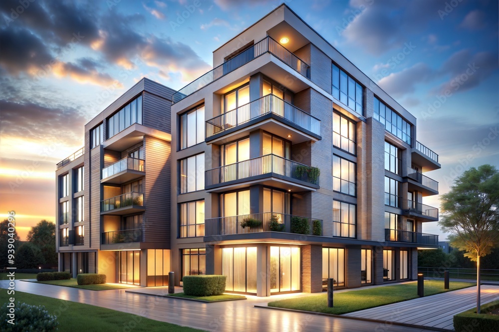 Elegant Apartment Building Exterior at Dusk with Warm Lighting